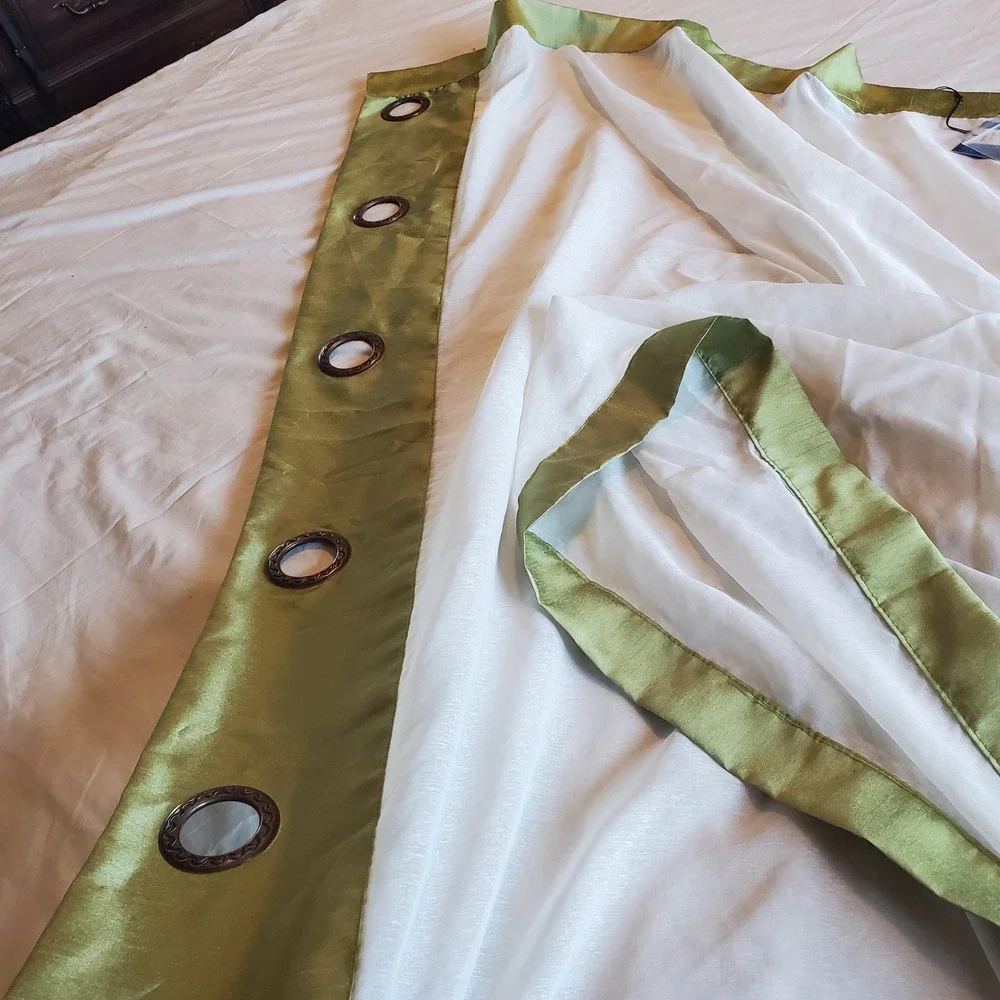 White Sheer Grommet Curtain Panel Olive Green Border 84x54 RN 118098